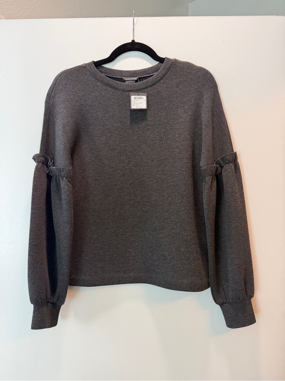 Club Monaco Charcoal Gray Ruffle-Sleeve Crewneck Sweater